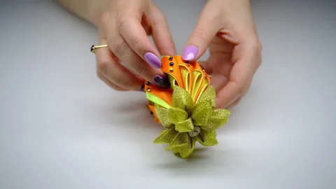 DIY. Christmas tree decorations made using the kanzashi technique 스톡 동영상 145483687