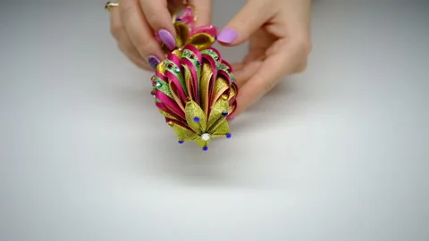 DIY. Christmas tree decorations made using the kanzashi technique 스톡 동영상 145484069