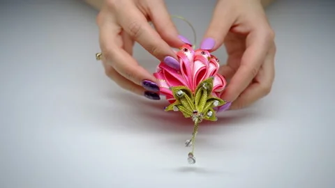 DIY. Christmas tree decorations made using the kanzashi technique 스톡 동영상 145494457