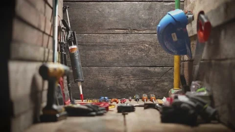 DIY Construction Tools In Shed Display Dolly For Title Sequence Vidéo 132016664