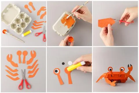 DIY crafting project, transforming the egg carton and paper cutouts into cr.. Stockfoto's