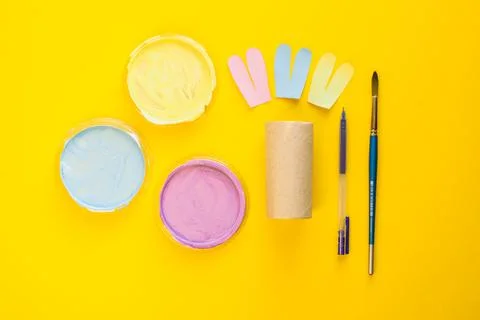 DIY Easter decoration concept bunnies from toilet paper roll tube Stock Photos