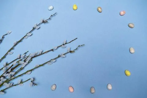 DIY Easter Wreath Made Of Soft Pastel Eggs And Rustic Branches Stock Photos
