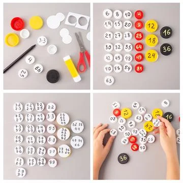 DIY educational math game using plastic bottle caps with multiplication tab.. Stock Photos