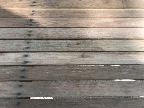 DIY handiwork recycle table made from attached rectangular pieces of wood Stock Photos