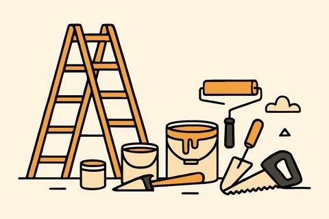 Diy home improvement tools ladder paint roller trowel saw and buckets Stock Illustration