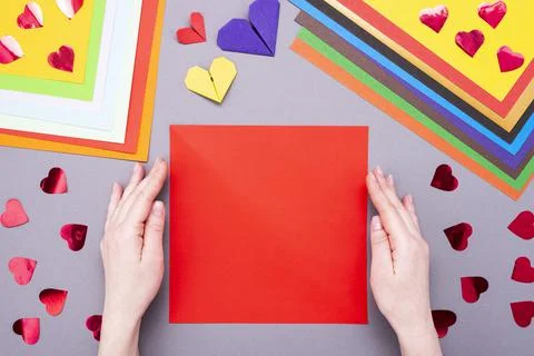 DIY instruction. Step by step guide. The process of making a paper heart with Stock Photos