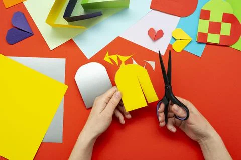 DIY instruction. Step by step guide. The process of making a paper heart from Stock Photos