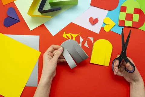 DIY instruction. Step by step guide. The process of making a paper heart from Stock Photos