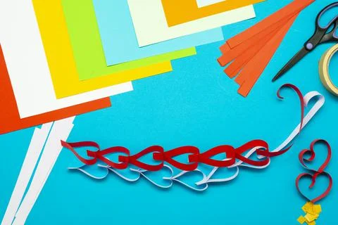 DIY instruction. Step by step guide. The process of making a garland of heart Stock Photos