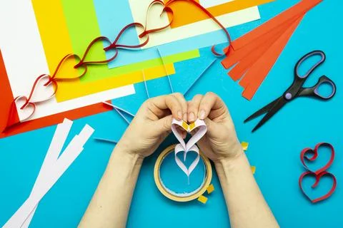 DIY instruction. Step by step guide. The process of making a garland of heart Stock Photos