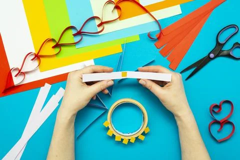 DIY instruction. Step by step guide. The process of making a garland of heart Stock Photos