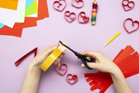DIY instruction. Step by step guide. The process of making a garland of heart Stock Photos