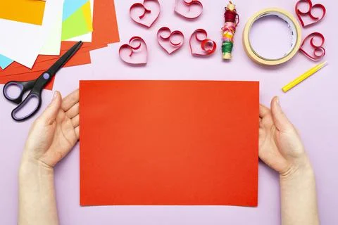DIY instruction. Step by step guide. The process of making a garland of heart Stock Photos