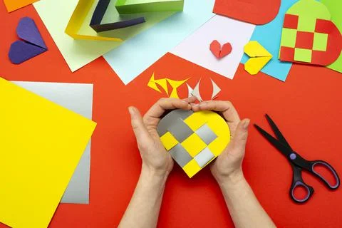 DIY instruction. Step by step guide. The process of making a paper heart from Stock Photos