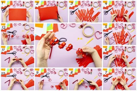 DIY instruction. Step by step guide. The process of making a garland of heart Stock Photos