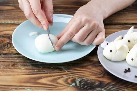 DIY instruction. Step by step guide. Making a funny rabbit from boiled eggs,  Stock Photos