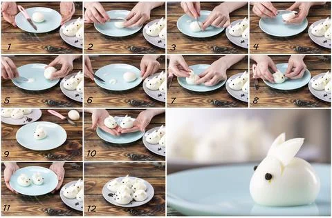 DIY instruction. Step by step guide. Making a funny rabbit from boiled eggs,  Stock Photos