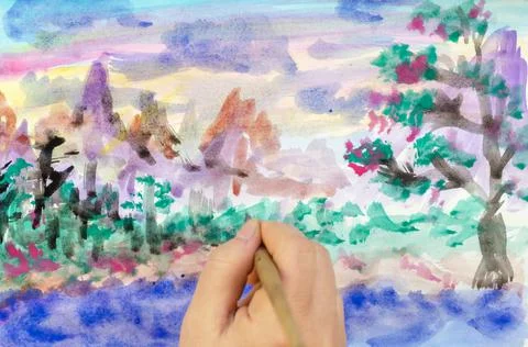 DIY, learning to draw, hobbies. Paint a picture on paper. Step 15: add tree t Stock Photos