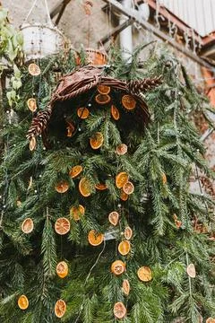 DIY natural decoration with orange slice on Christmas pine branch Stock Photos