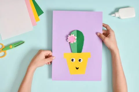 DIY. A postcard with a cactus in a pot. Step-by-step photo instruction. Stock Photos