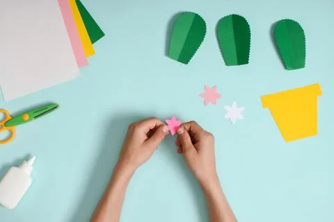 DIY. A postcard with a cactus in a pot. Step-by-step photo instruction. Stock Photos
