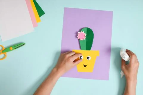 DIY. A postcard with a cactus in a pot. Step-by-step photo instruction. Stock Photos