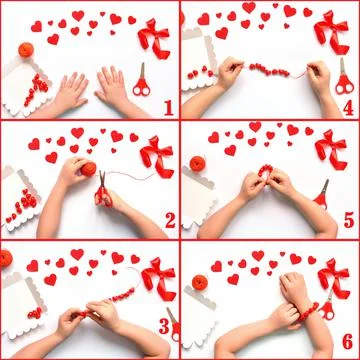 DIY process of making a handmade red heart bead bracelet for a girl for valen Stock Photos
