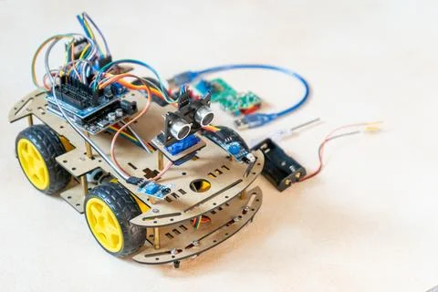 DIY Robot Car Assembly and Components. Educational electronics project for ST Stock Photos