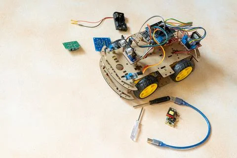 DIY Robot Car components. Educational electronics project for STEM learning.. Stock Photos