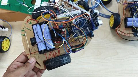 DIY Smart Robotic Car Chassis Powered By Arduino Microcontroller Kit Stockfoto's
