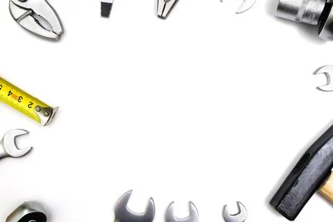 DIY tool kit in a frame on a white background with a copy of the space Stock Photos