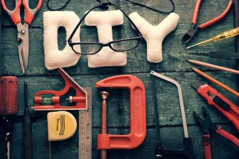 Diy tools background, equipment make handmade product Stock Photos