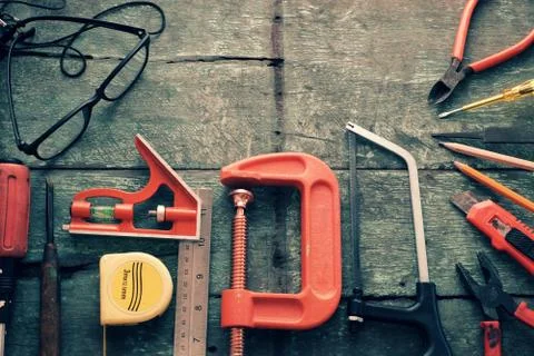 Diy tools background, equipment make handmade product Stock Photos