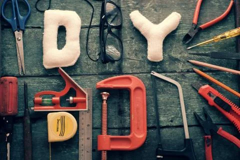 Diy tools background, equipment make handmade product Stock Photos