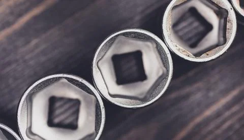 DIY tools - Socket wrenches on wooden worktop Stock Photos