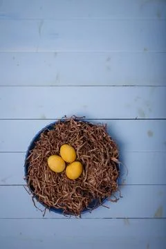 DIY turmeric colored easter eggs in brown decorative nest on blue Stock Photos