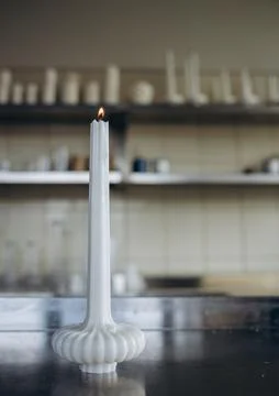DIY wax candle making process. Woman making decorative wax candle and decor.. Stock Photos