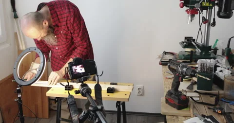 DIY woodwork vlogging drawing cutting marks on wood Stock Footage 153281051