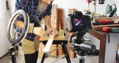 DIY woodworking, drawing cutting marks on wood slat Stock Footage 154481985