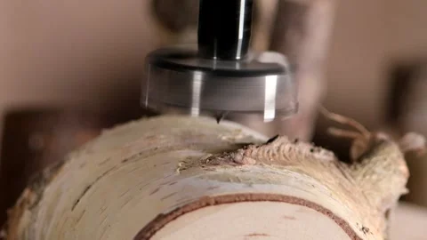 DIY Woodworking: Forstner Bit Drilling Into Birch Wood Stock Footage 325675076