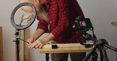 DIY woodworking vlogging, drawing cutting marks on wood plank Stock Footage 153277960