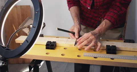 DIY woodworking vlogging drawing lines Stock Footage 153285061