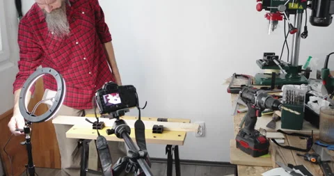 DIY woodworking vlogging, setting up gear Stock Footage 153281407