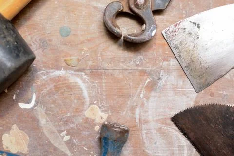 DIY work tools, used tools on a work bench Stock Photos