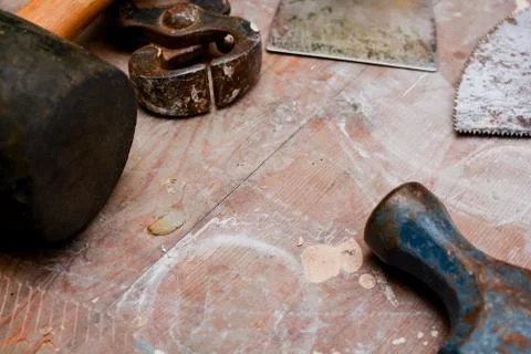 DIY work tools, used tools on a work bench Stock Photos