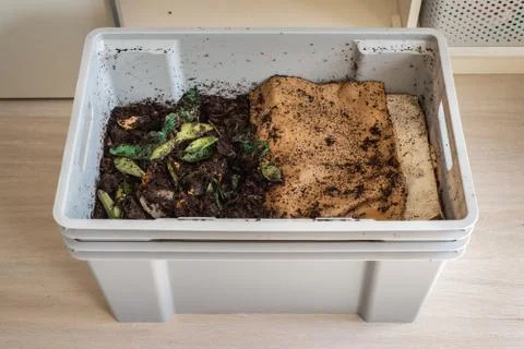 A DIY worm farm composting bin in an apartment Stock Photos