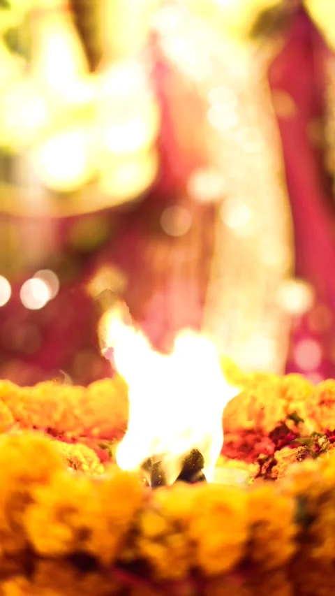 Diya Fire Flame Offering for Durga Goddess during Navratri Pooja Stock Footage 317289816