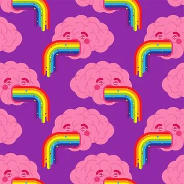Dizziness background. Brain vomit rainbow pattern seamless. Brains retching c Stock Illustration