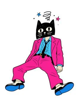 Dizzy Cat-Headed Person in Pink Suit Stock Illustration
